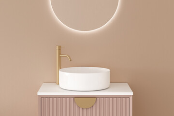 Naklejka na ściany i meble Close up of basin with oval mirror standing in on beige wall, pink wood cabinet with gold faucet in minimalist bathroom. Side view. 3d rendering 