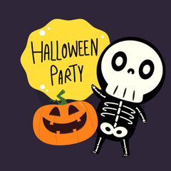 Cute halloween skeleton cartoon. Skeleton in halloween day. Halloween character cartoon. Happy halloween greeting card.  