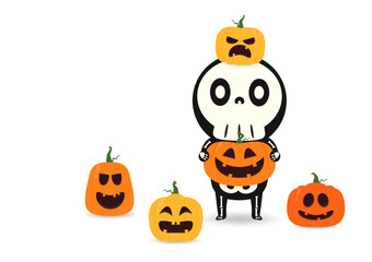 Cute halloween skeleton cartoon. Skeleton in halloween day. Halloween character cartoon. Happy halloween greeting card.  