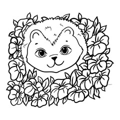 The muzzle of a hedgehog among the flowers. Coloring book for children. Vector illustration isolated on white background.