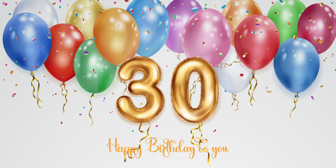 Festive birthday illustration with colored helium balloons, big number 30 golden foil balloon, flying shiny pieces of serpentine and inscription Happy Birthday on white background