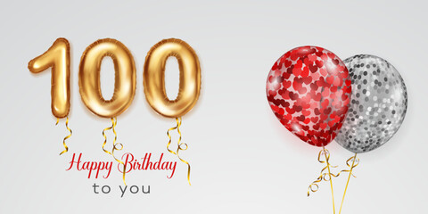 Festive birthday illustration with colored helium balloons, big number 100 golden foil balloon and inscription Happy Birthday on white background