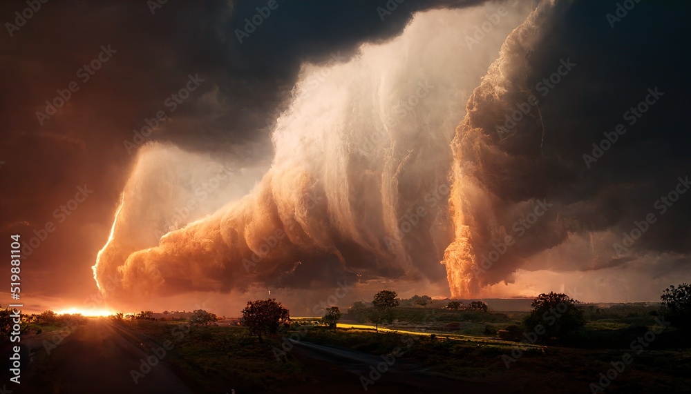Poster a dramatic colorful storm creating a powerful tornado sweeping through the dense countryside with li