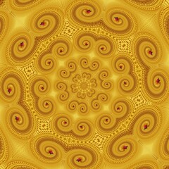 hexagonal kaleidoscopic design bright vivid yellow spiral shape with just one red coloured strawberry