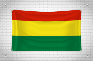 Bolivia flag hanging on brick wall. 3D drawing. Flag attached to the wall. Neatly drawing in groups on separate layers for easy editing.