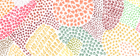 Felt-tip pen marker smear blot color dots. Abstract doodle hand draw horizontal long background.