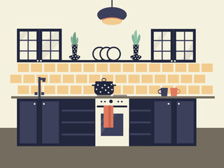 Modern cozy kitchen interior flat style vector graphic design