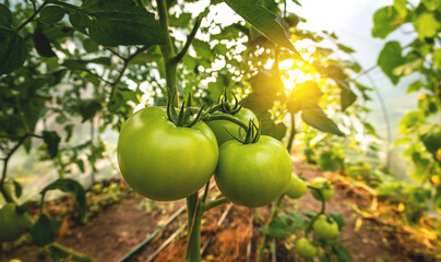 Large green tomatoes in a greenhouse. Growing a tomato at home