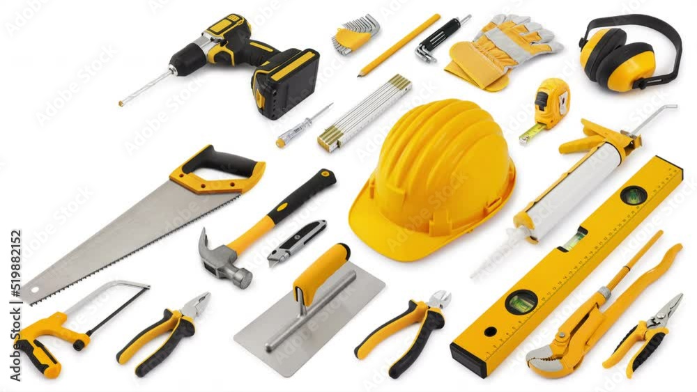 Wall mural Construction work tools for building. Yellow hard hat with work equipment isolated on white background. Layout for home service repair concept or hardware store showcase banner.Top view set of objects