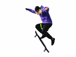 Teenager skateboarder jumps ollie on an isolated white background. The concept of street sports and urban culture © Ivi - Powerlightss