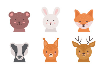 Cartoon cute forest animals for children's greeting cards and invitations. Vector illustration. Fox, bear, bunny, squirrel, deer, badger.