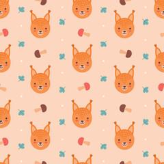 Cute squirrel with mushrooms and clover, seamless pattern. Light orange background. Pastel concept. Cute cartoon.