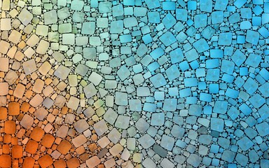Digital painterly and colorful render of abstract geometric mosaic  tiles patterns with gradient shapes in acrylic paint and canvas