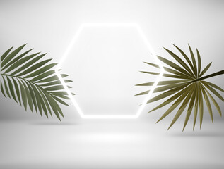 Bright interior with white neon light and tropical leaves