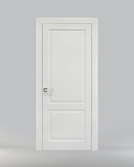 White classic interior door with rectangles on a gray background. Front view. Ral 9010.