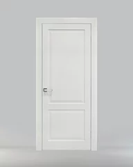 Foto op Plexiglas White classic interior door with rectangles on a gray background. Front view. Ral 9010. © Inna_Y