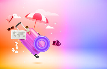 Summer travel  objects with Levitation effect. 3d vector banner with copy space