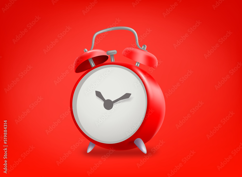 Poster red alarm clock on red background. 3d vector illustration