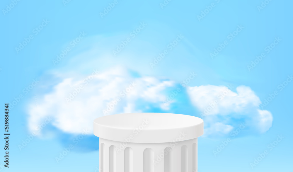 Poster Empty white column podium with clouds. 3d vector showcase