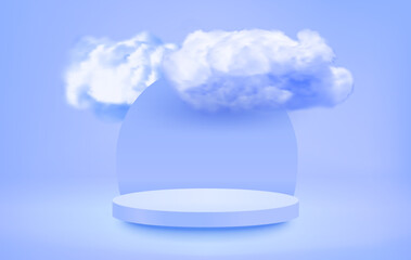 Bright blue showcase with podium and clouds. 3d vector illustration with shadow overlay effect