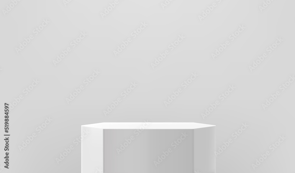 Poster empty white showcase with white podium. 3d vector presentation mockup