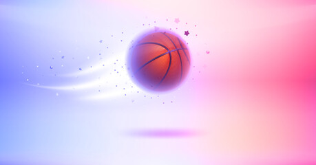 Neon glowing flying basketball ball. 3d vector banner with copy space