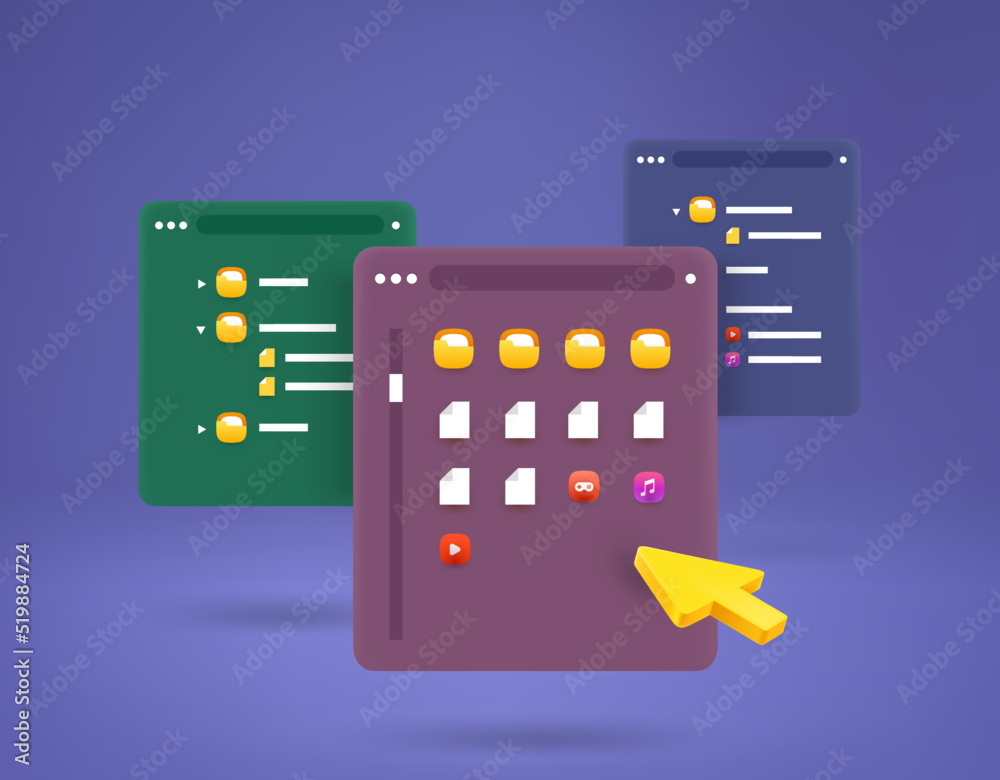 Poster Using folders on computer. 3d vector concept