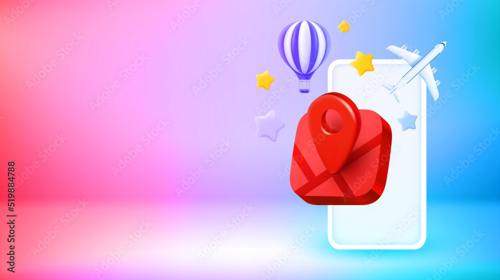 Poster Using navigation application on smartphone. Vector 3d banner with copy space