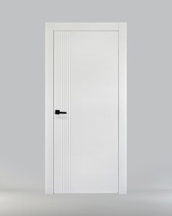 White interior door with vertical chamfers 5 lines with black fittings on a gray background. Front view. Ral 9010