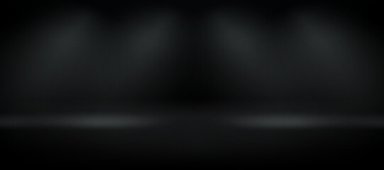 Deep black wide room with four light projectors. 3d vector premium showcase for display products