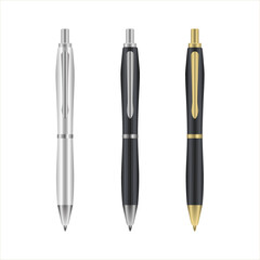 Fototapeta premium Black, silver and gold metal ballpoint pens isolated on white background, vector illustration. School supplies