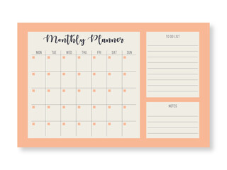 Monthly planning template. Blank monthly planner with notes in pastel colors. Simple stylish organizer design. Vector illustration