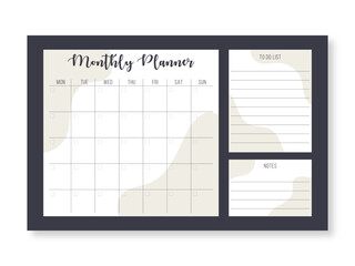 Monthly planning template. Blank monthly planner with notes in pastel colors. Simple stylish organizer design. Vector illustration