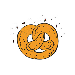 Oktoberfest 2022 - Beer Festival. Hand-drawn Doodle brezel with sesame seeds on a white background. German Traditional holiday.