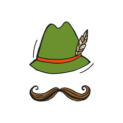 Oktoberfest 2022 - Beer Festival. Hand-drawn Doodle green hat with a feather and brown moustache on a white background. German Traditional holiday.