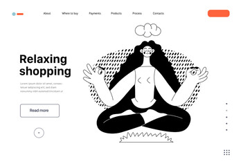 Relaxing shopping -Online shopping and electronic commerce web tamplate -modern flat vector concept illustration of meditating woman in lotus pose. Promotion, discounts, sale and online orders concept