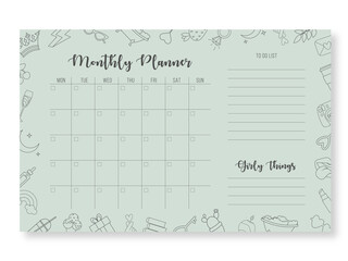 Monthly planning template with girly one line icon. Blank monthly planner with notes in pastel colors. Simple stylish organizer design. Vector illustration