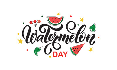 National Watermelon Day handwritten text. Modern brush calligraphy, hand lettering typography. Funny American holiday celebrate on August 3. Vector illustration for poster, sticker, banner, card