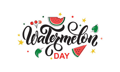 Naklejka premium National Watermelon Day handwritten text. Modern brush calligraphy, hand lettering typography. Funny American holiday celebrate on August 3. Vector illustration for poster, sticker, banner, card