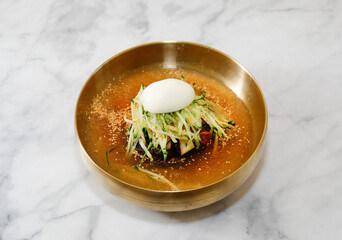 Korean Cool Noodles on Bright Background.