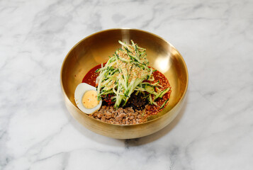 Korean Cool Noodles on Bright Background.