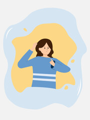 Female character standing in thoughtful pose holding chin. Concept of thinking. Flat vector illustration. Person character.