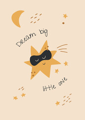 Cute star in a sleep mask - vector illustration for nursery poster. Printable wall art design for kids. Hand drawn style illustration for nursery decor and print designs.