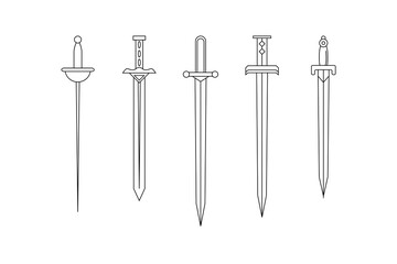  Medieval long swords drawn art line style. Set of simple vector images