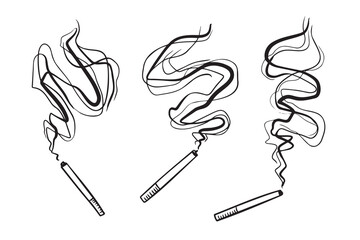 Cigarette drawing single one with a lot of thick smoke. Simple outline doodle hand drawn style