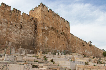 JERUSALEM ISRAEL. Golden gate of the old city of Jerusalem. The Muslim cemetery of Bab Al-Rahma and...