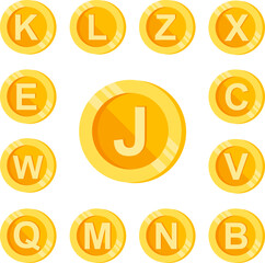 J, letter, coin color icon in a collection with other items