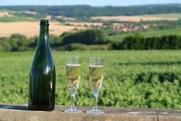 Une bouteille de champagne et deux verres (flûtes) remplis de vin, posés sur un muret devant un paysage de vigne dans la Marne, en Champagne Ardenne, région Grand-Est (France) - obrazy, fototapety, plakaty