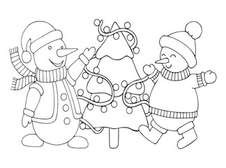 Coloring book snowmen Christmas fir tree line art. Cute winter character spruce garland light bulbs. Hand drawn vector black and white illustration.