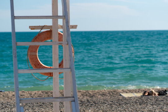 Old Crimea beach preserver life saver protection equipment ring lifeguard, from water help from emergency and lifesaver float, marine tourism. Nautical concept aid,